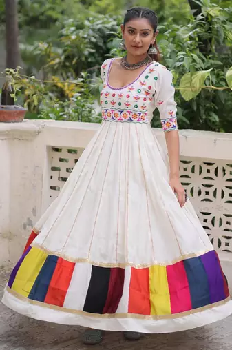 White roman multi thread embroidered work traditional anarkali gown