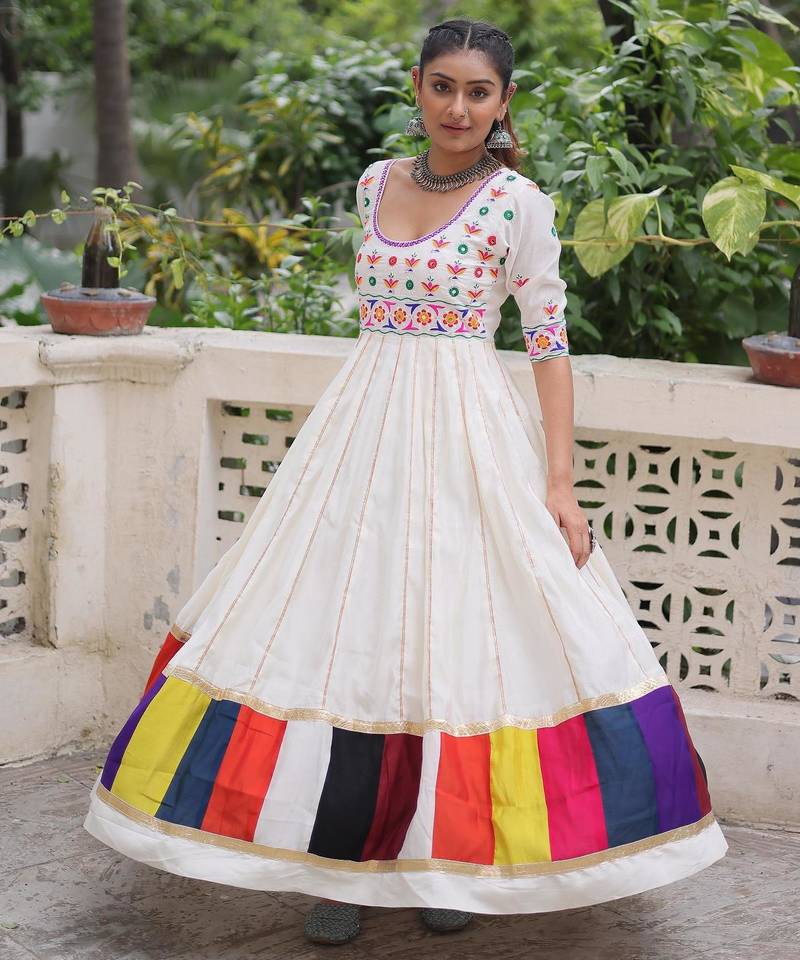 White roman multi thread embroidered work traditional anarkali gown