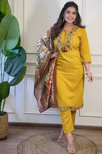 Mustard Yellow Embroidered Kurta Set