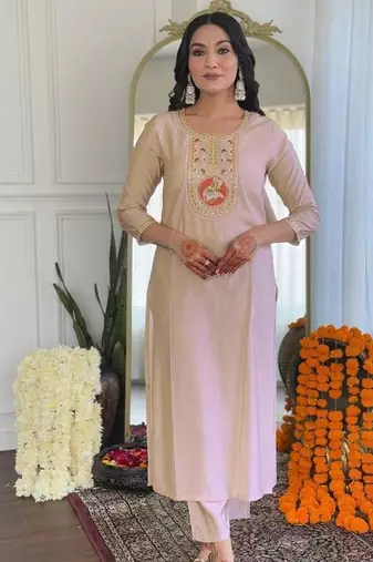 Women's chiku embroidered viscose fabric straight kurta, pant and dupatta set