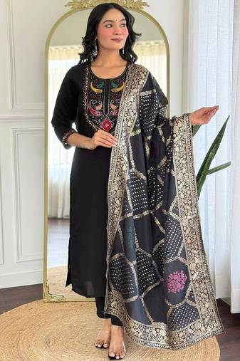 Women gorgeous roman silk fabric straight kurta, pant and dupatta set