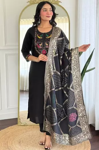 Women gorgeous roman silk fabric straight kurta, pant and dupatta set