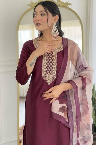 Maroon rayon embroidery straight kurta with pant and dupatta set