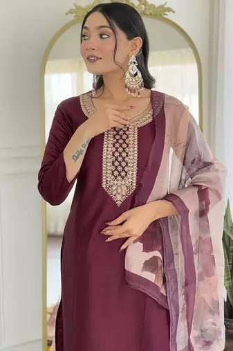 Maroon rayon embroidery straight kurta with pant and dupatta set