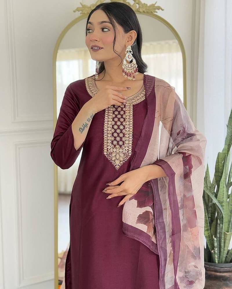 Maroon rayon embroidery straight kurta with pant and dupatta set