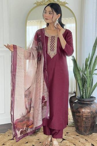 Maroon rayon embroidery straight kurta with pant and dupatta set