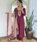 maroon Embroidered Kurta with Dupatta
