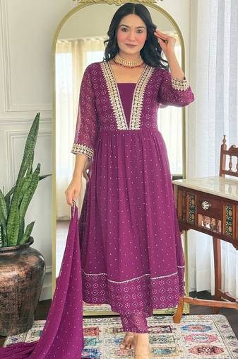 Women beautiful georgette fabric angrakha kurta, pant and dupatta set