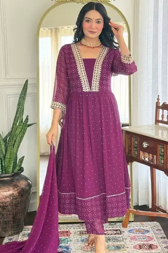 Women beautiful georgette fabric angrakha kurta, pant and dupatta set
