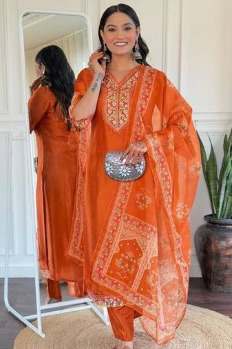 Beautiful women's thread work viscose fabric straight kurta, pant and dupatta set