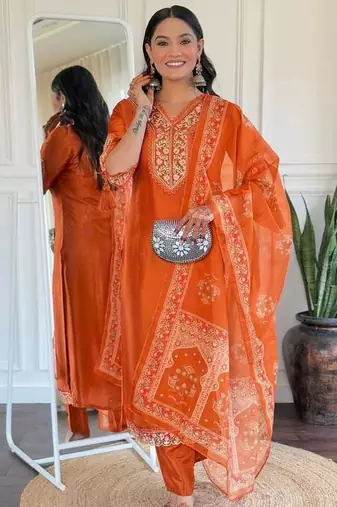 Beautiful women's thread work viscose fabric straight kurta, pant and dupatta set
