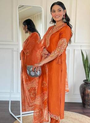 Rust Orange Embroidered Kurta set  3