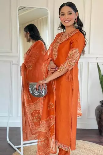 Rust Orange Embroidered Kurta set 