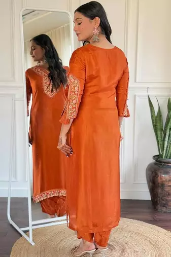 Rust Orange Embroidered Kurta set 