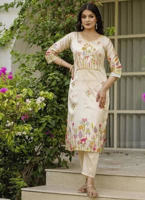 cream Embroidered Kurta set with Dupatta 2