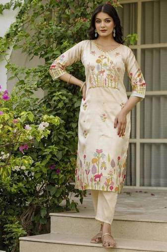 Women's beautiful viscose assam silk embroidered straight kurta with pant and dupatta set