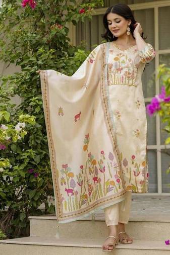 Women's beautiful viscose assam silk embroidered straight kurta with pant and dupatta set