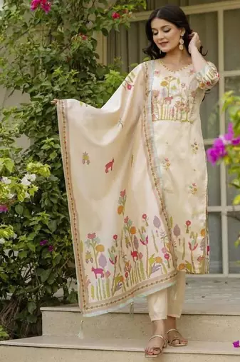 Women's beautiful viscose assam silk embroidered straight kurta with pant and dupatta set