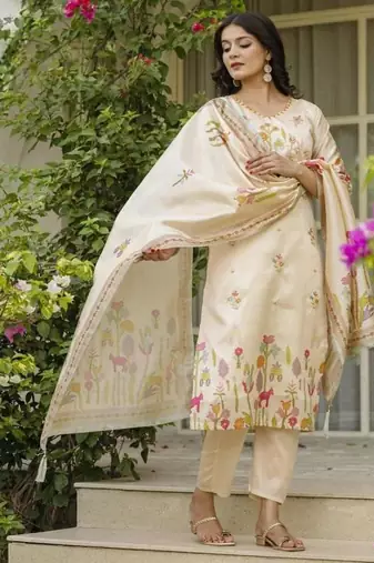 cream Embroidered Kurta set with Dupatta