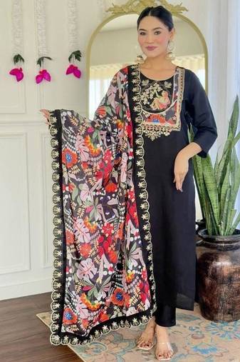 Women's viscose chanderi fabric straight kurta, pant and dupatta set