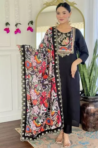 Women's viscose chanderi fabric straight kurta, pant and dupatta set