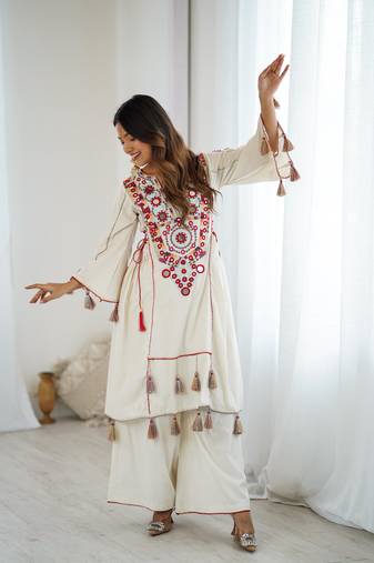 White colour khadi cotton embroidery work navratry co-ord set