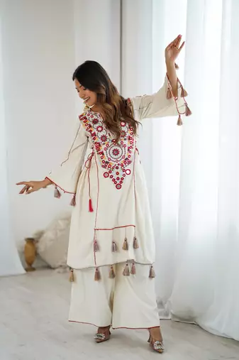 White colour khadi cotton embroidery work navratry co-ord set