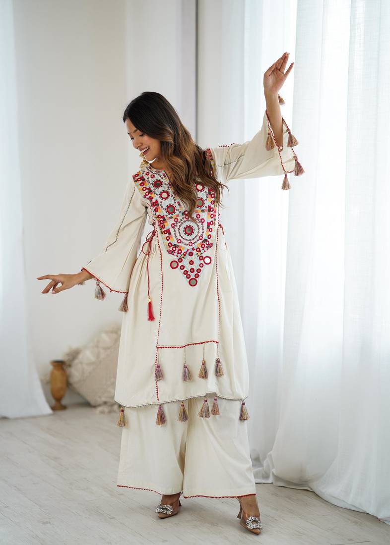 White colour khadi cotton embroidery work navratry co-ord set