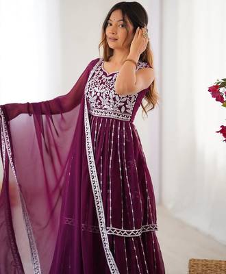 Dark Plum Color Thread With Sequence Work Faux Georgette Top Lehenga Set 1