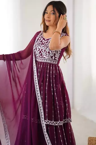 Dark Plum Color Thread With Sequence Work Faux Georgette Top Lehenga Set