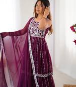 Dark Plum Color Thread With Sequence Work Faux Georgette Top Lehenga Set