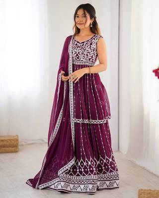 Dark Plum Color Thread With Sequence Work Faux Georgette Top Lehenga Set 2