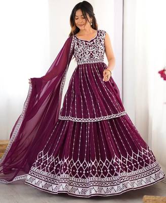 Dark Plum Color Thread With Sequence Work Faux Georgette Top Lehenga Set 3