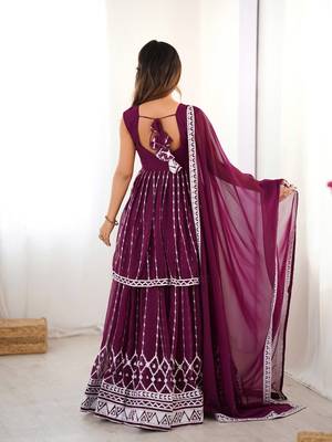 Dark Plum Color Thread With Sequence Work Faux Georgette Top Lehenga Set 4