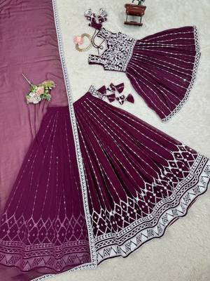 Dark Plum Color Thread With Sequence Work Faux Georgette Top Lehenga Set 5