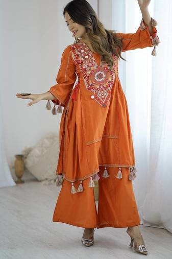 Orange colour khadi cotton embroidery work navratry co-ord set
