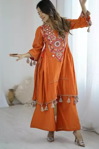 Orange colour khadi cotton embroidery work navratry co-ord set