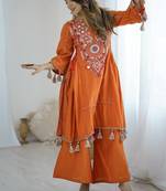 Orange colour khadi cotton embroidery work navratry co-ord set