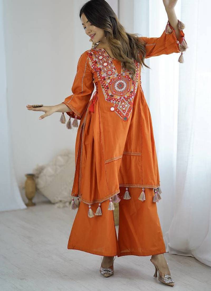 Orange colour khadi cotton embroidery work navratry co-ord set