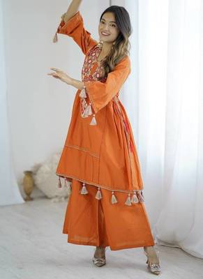Orange colour khadi cotton embroidery work navratry co-ord set 2