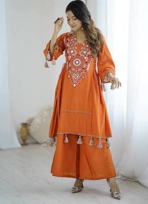 Orange colour khadi cotton embroidery work navratry co-ord set 4