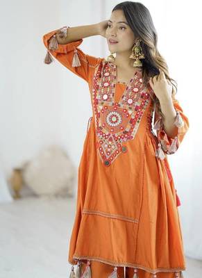 Orange colour khadi cotton embroidery work navratry co-ord set 5