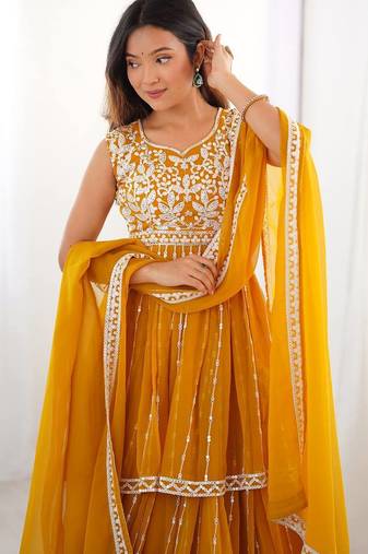 Yellow Color Thread With Sequence Work Faux Georgette Top Lehenga Set