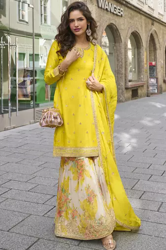 Yellow chinon embroidered sharara suit