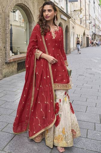 Red chinon embroidered sharara suit stiched