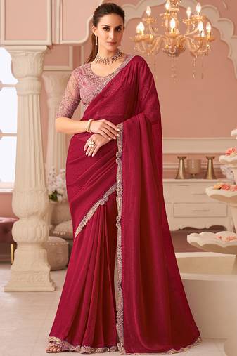 Red georgette embroidered party wear saree