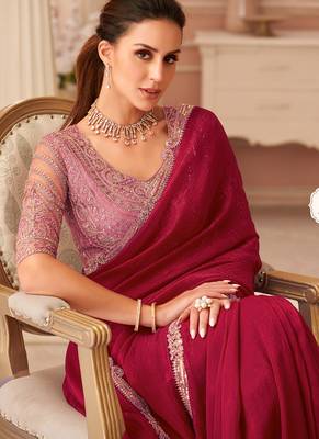 Red georgette embroidered party wear saree 2