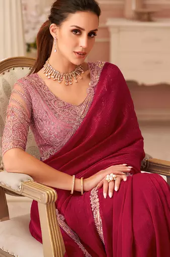 Red georgette embroidered party wear saree