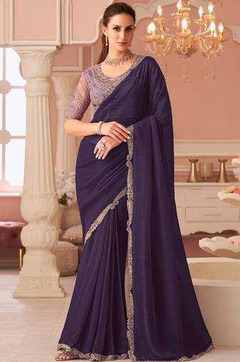 Violet georgette embroidered party wear saree