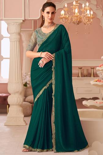 Green georgette embroidered party wear saree